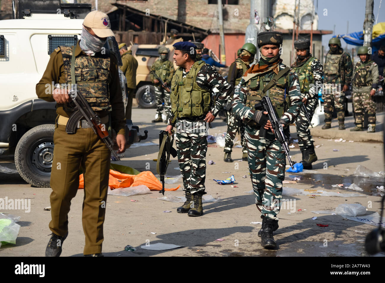 Indian forces Patrol near site of Grenade blast in Srinagar.A non-local resident was killed while and at least 40 people including three security forces personnel were injured in a grenade attack at Gonikhan area of Hari Singh High Street (HSHS) in the heart of Srinagar. Stock Photo