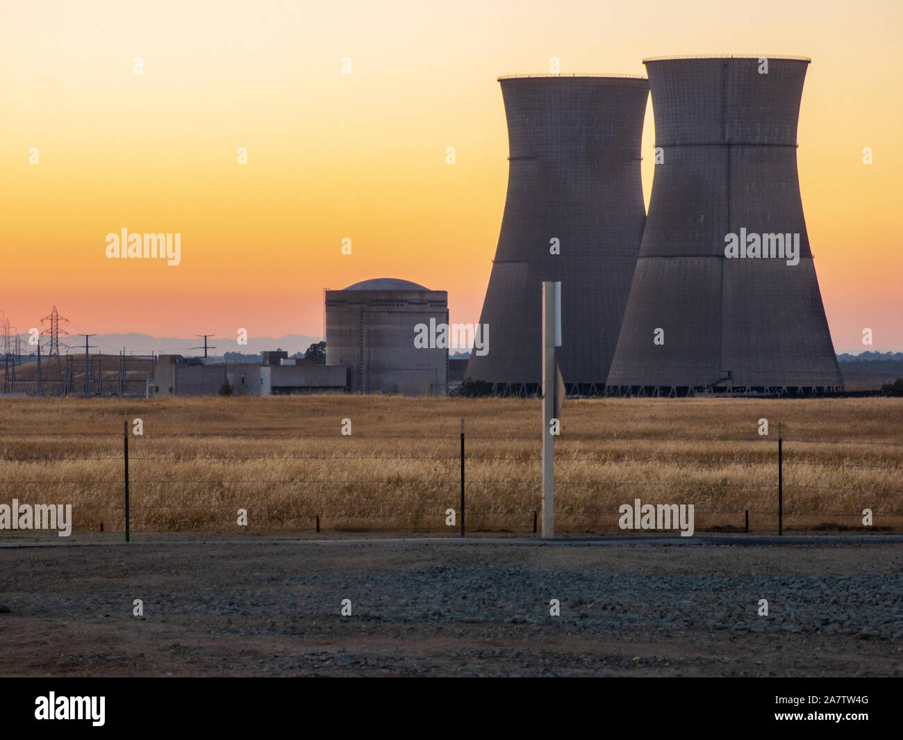 Decommissioned nuclear power plant Rancho seco at sunset Stock Photo