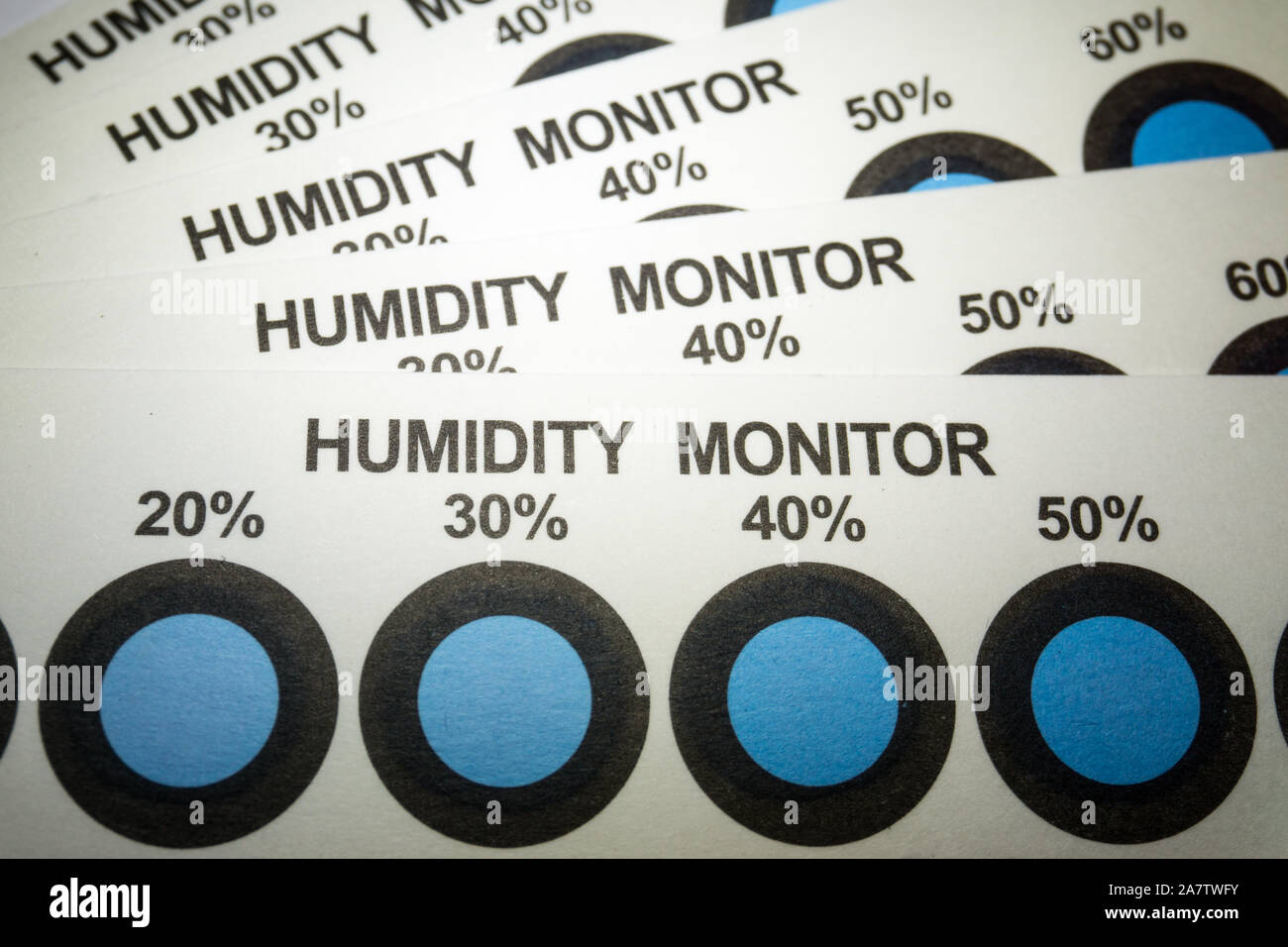 Close-up of humidity indicator cards from electronics manufacturing industry with blue indicator dots Stock Photo