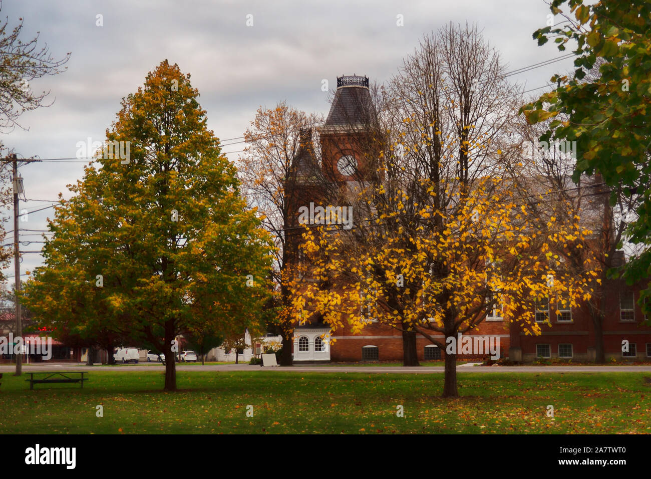 View of the small village of Liverpool, New York on an overcast autumn