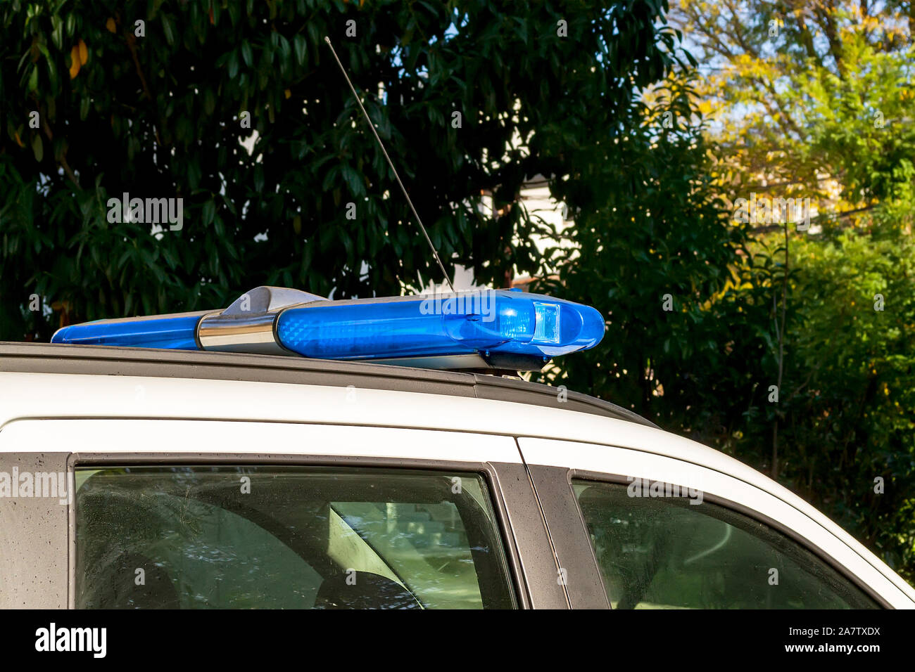 Blue warning lightbar on a police or emergency car. Roof mounted