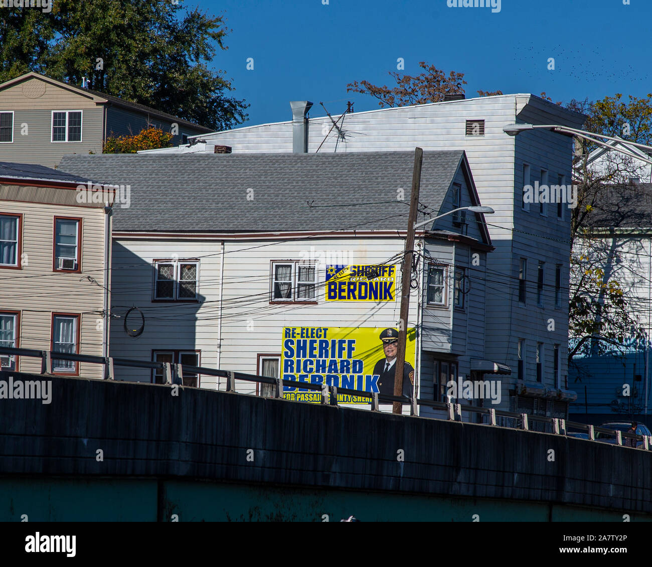 A sign on a building to elect a sheriff in Patterson, NJ Stock Photo