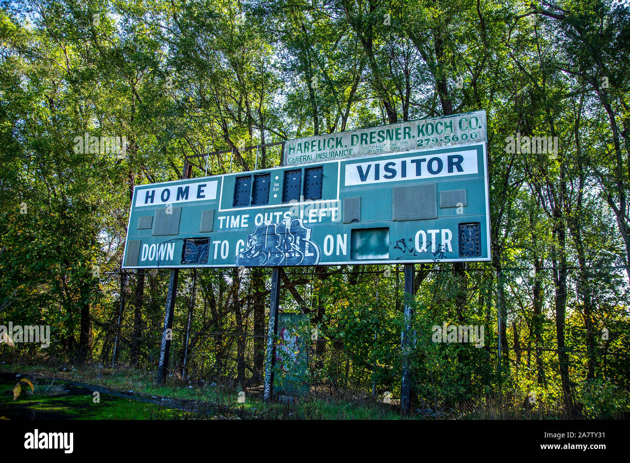 Old scoreboard at Hinchliffe Stadium in Patterson, NJ Stock Photo