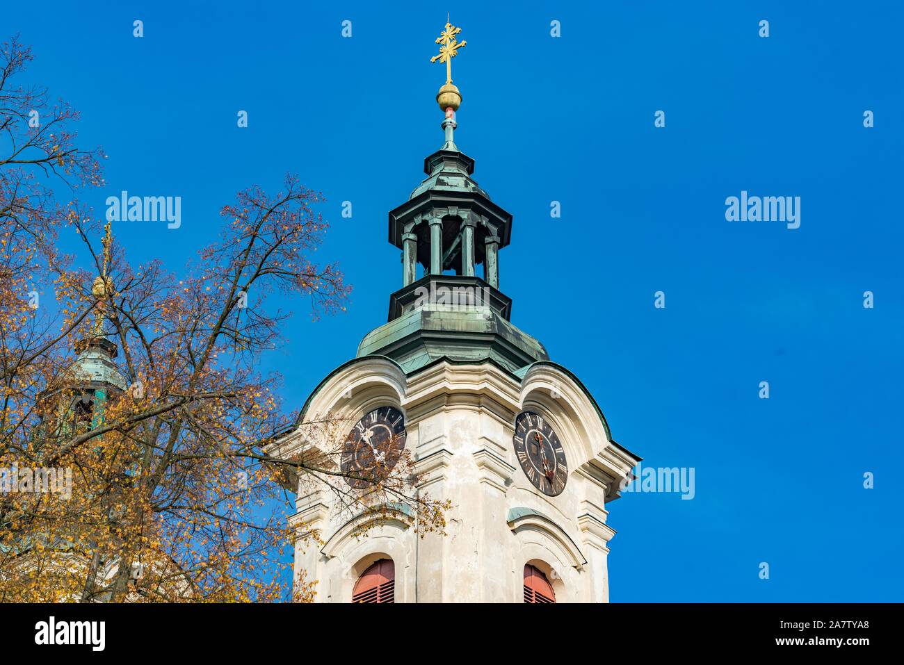 Tower of the Church of the Holy Cross in Liberec. Kostel svateho Krize Liberec Stock Photo