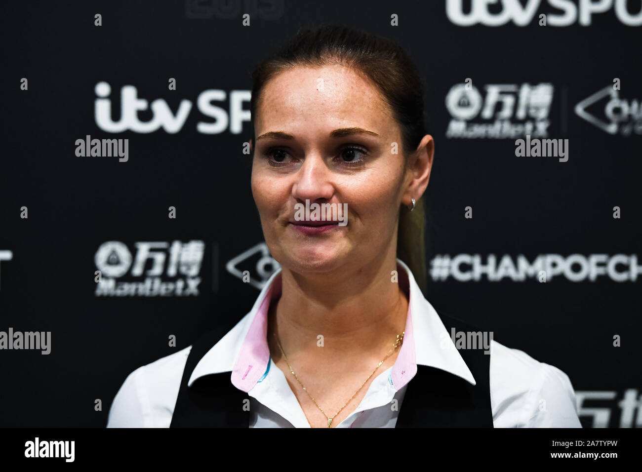 COVENTRY, UNITED KINGDOM. 04th Nov, 2019. Reanne Evans was interviewed  after Shaun Murphy vs Reanne Evans during Day 1 Semi-Finals of 2019 ManBetx  Champion of Champions at Ricoh Arena on Monday, November