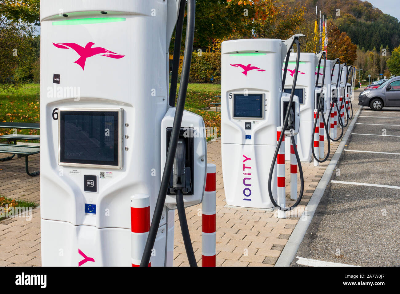 Unused IONITY high-power-charging / HPC units, network of rapid chargers for electric vehicles / electric cars at service station in Germany Stock Photo