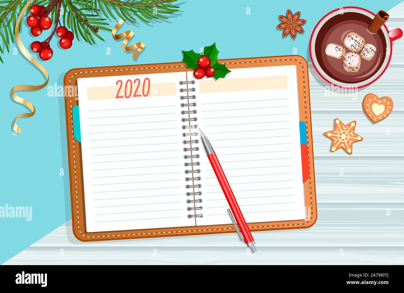 Planning 2020 year with christmas accessories. Stock Vector