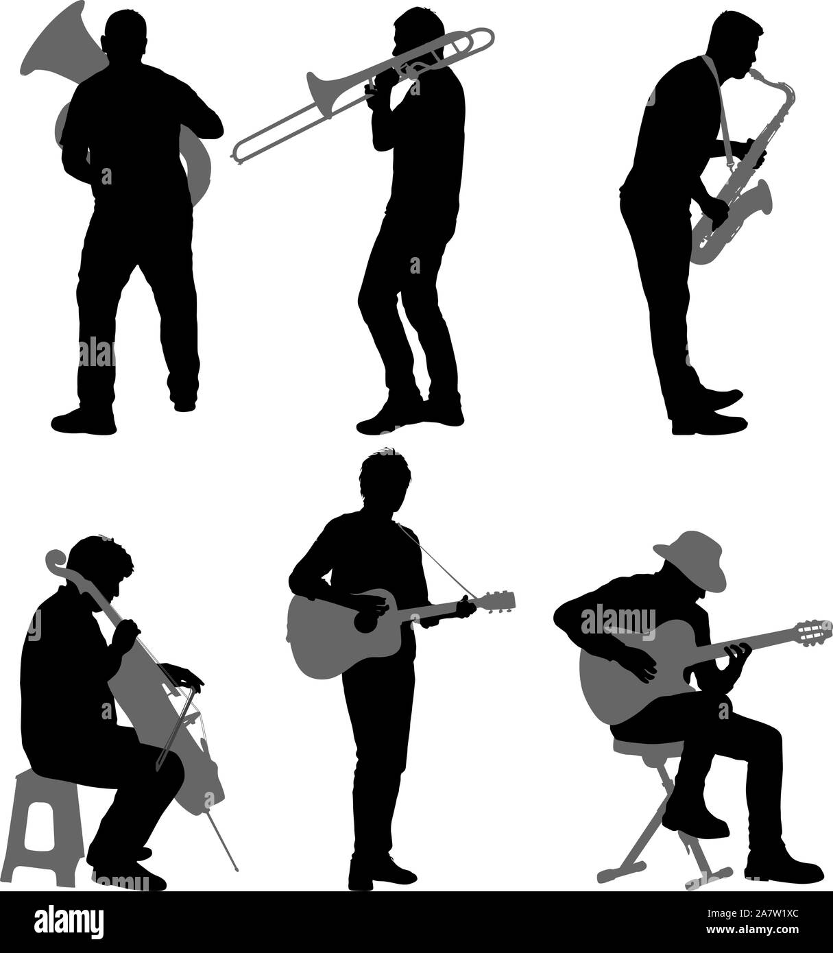 Silhouettes street musicians playing instruments on a white background. Stock Vector