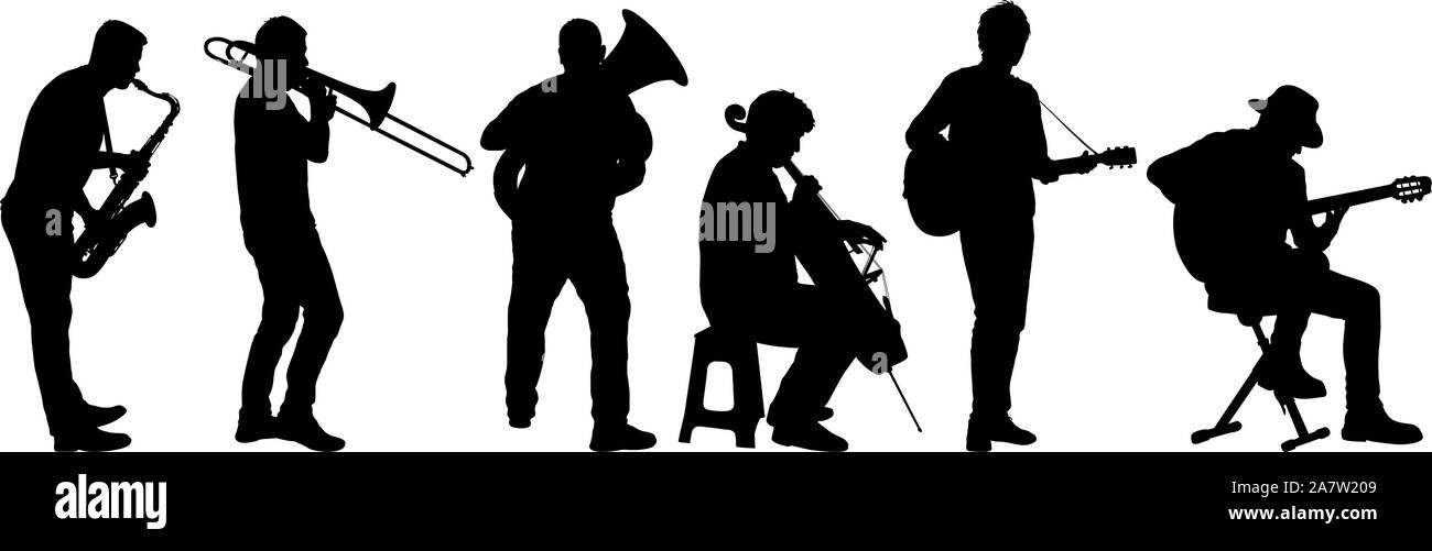 Silhouettes street musicians playing instruments on a white background. Stock Vector