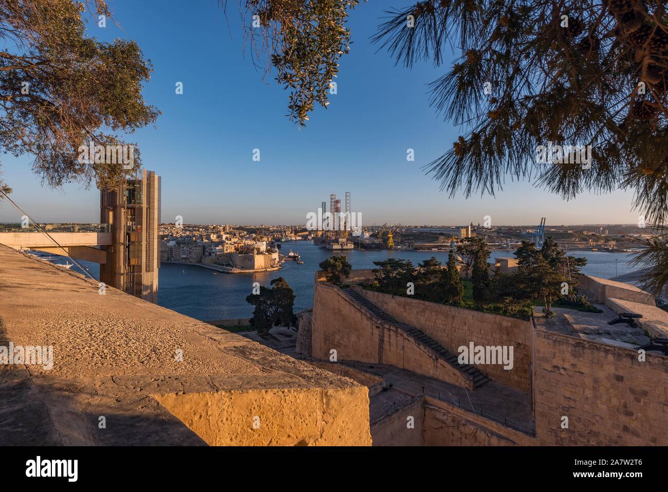 Beautiful Upper Barrakka Gardens and view to harbour in Valletta city, Malta, Europe. Stock Photo