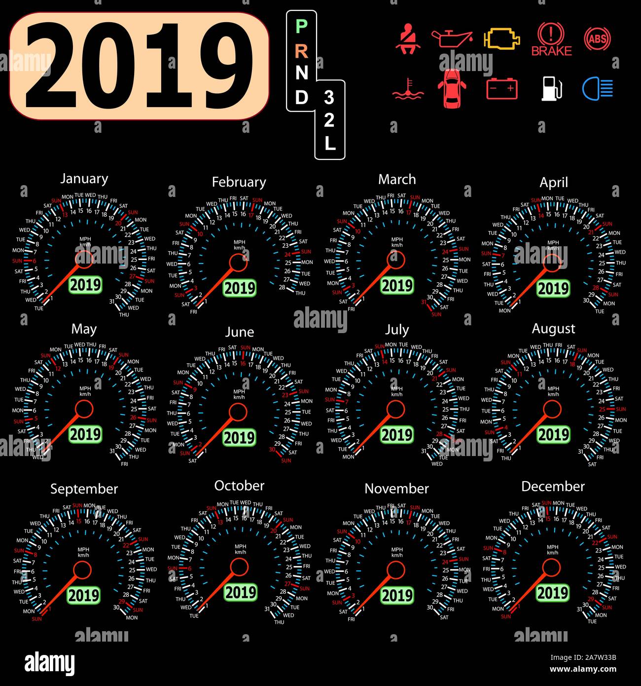 Calendar 2019 year from the car dashboard speedometer Stock Vector