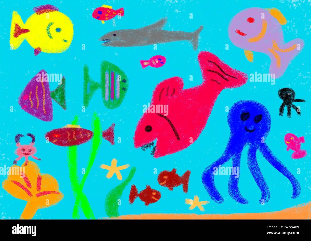 Naive illustration, various colorful fish figures in the sea, ocean, Germany Stock Photo