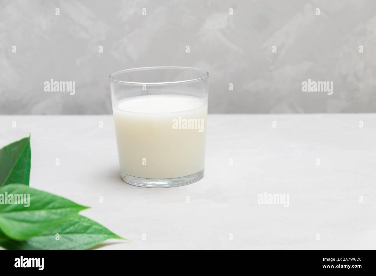 Plain ayran (kefir) fermented dairy drink on grey neutral background. Stock Photo