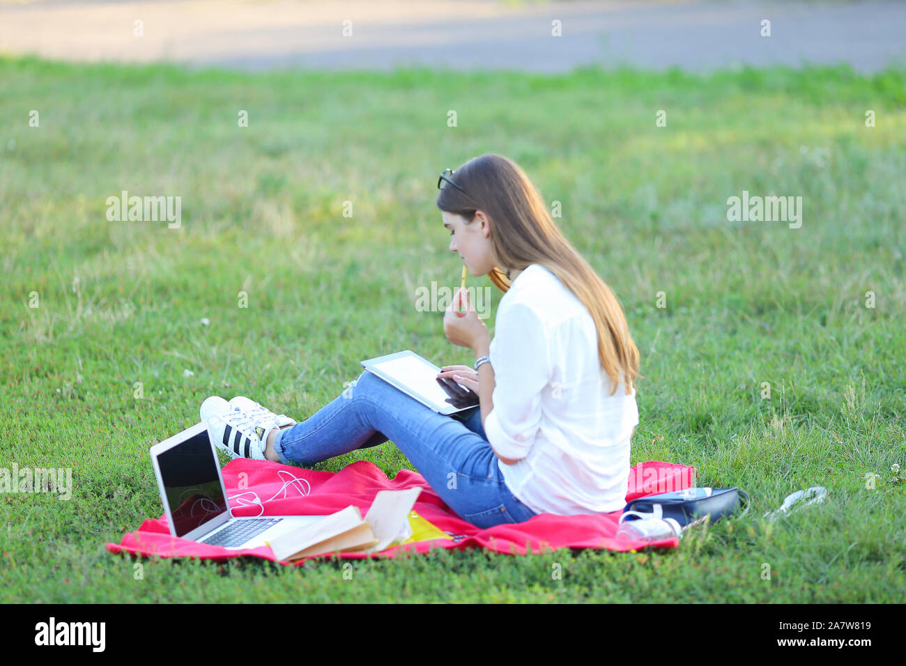 young girl sitting on the grass in the park and works at a laptop and ...