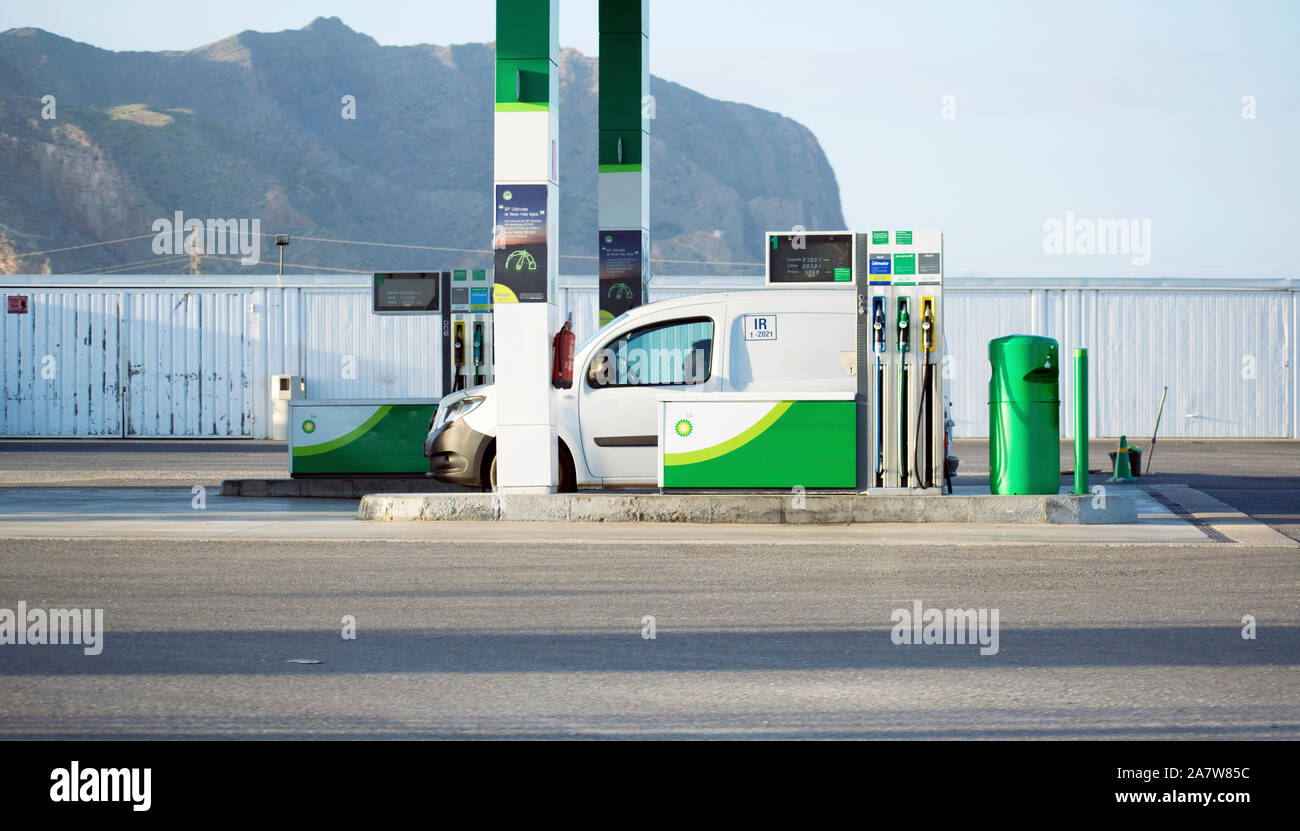 Murcia, Spain, October 20, 2019: A bp gas station at night in Murcia. Bp is headquartered in Murcia and has over 225 gas stations with over 2,200 empl Stock Photo