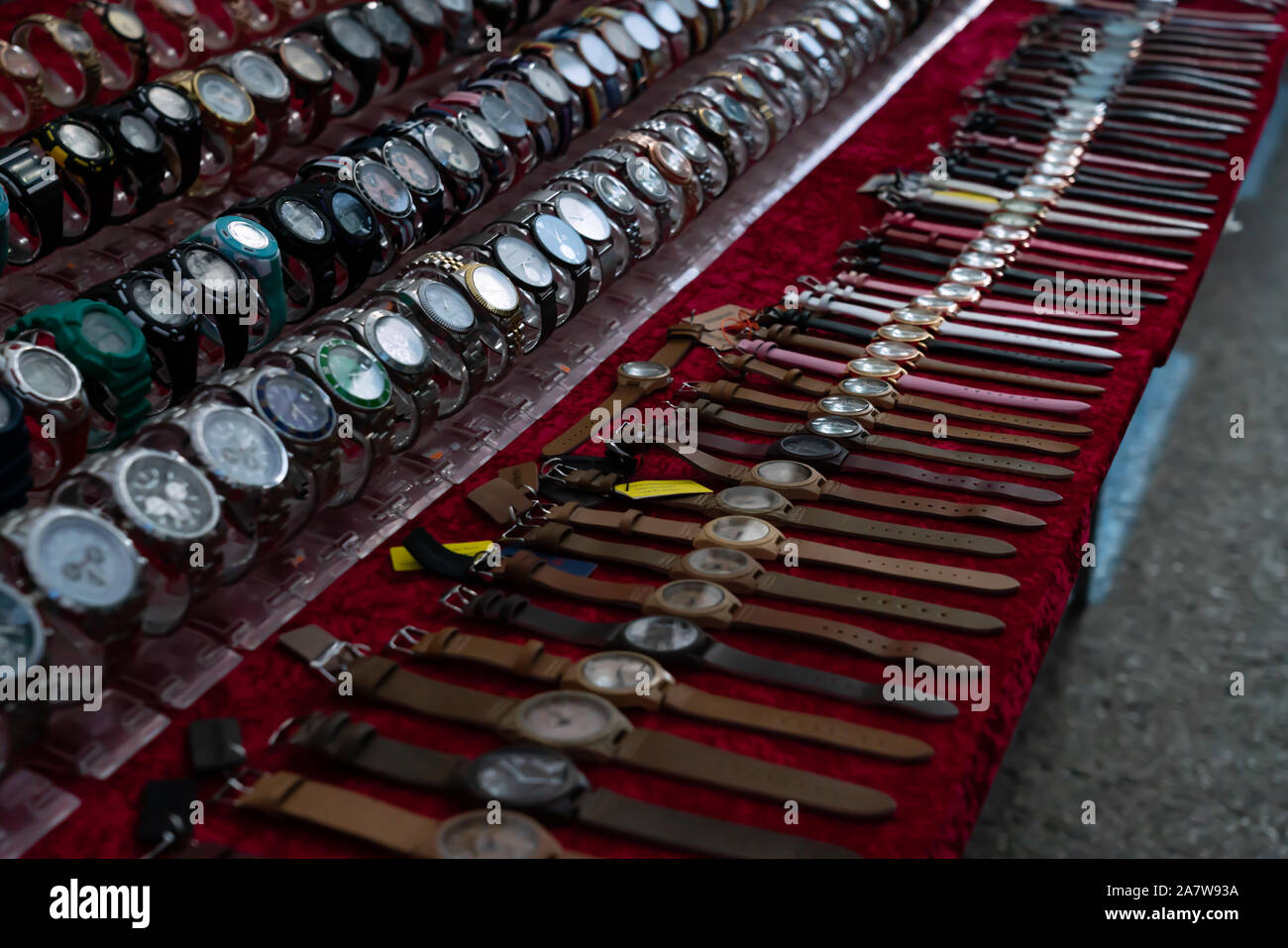 View of several elegant wristwatches in a market stall, at the local Saturday street market Stock Photo