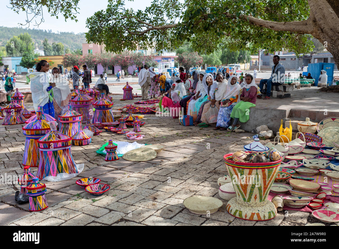 AXUM, ETHIOPIA, APRIL 27th.2019: Street market in center of Aksum, ethiopian women selling baskets in the traditional basket market on April 27, 2019 Stock Photo