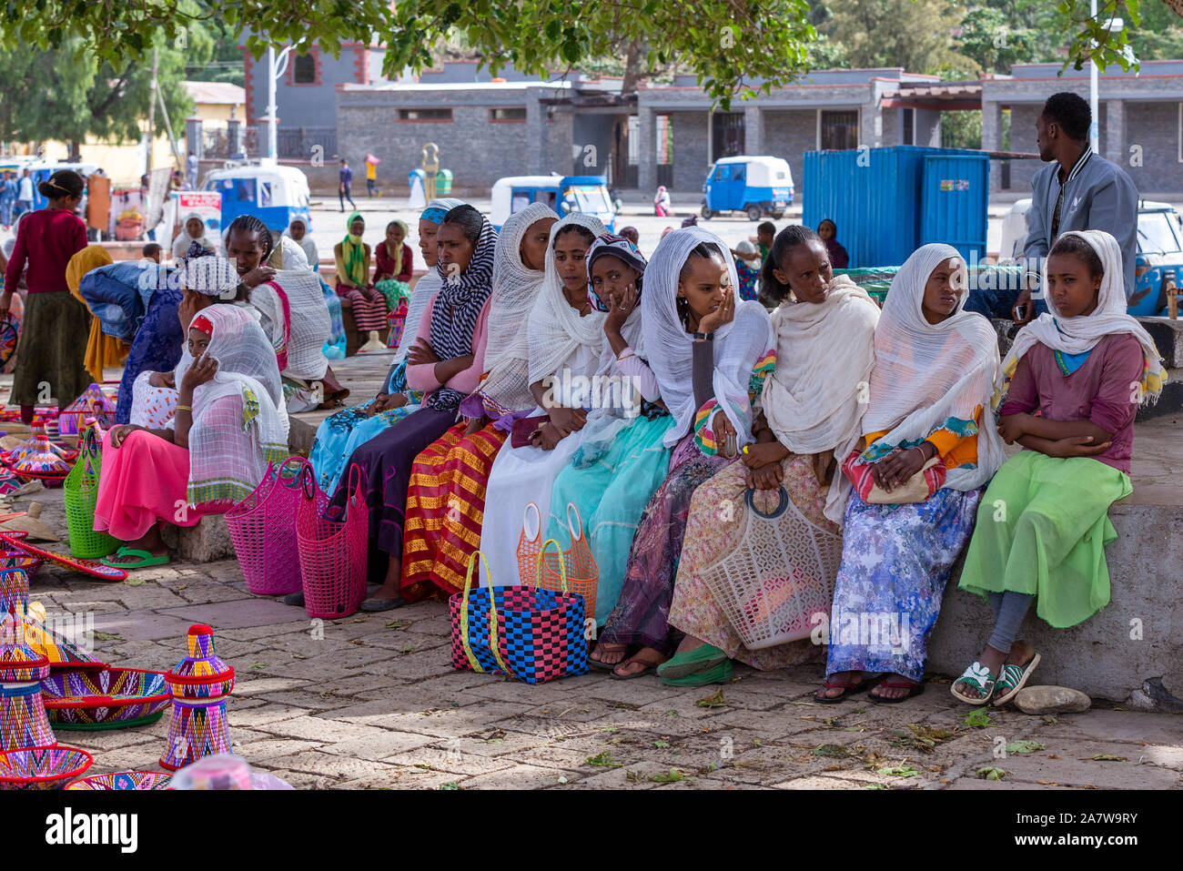 AXUM, ETHIOPIA, APRIL 27th.2019: Street market in center of Aksum, ethiopian women selling baskets in the traditional basket market on April 27, 2019 Stock Photo