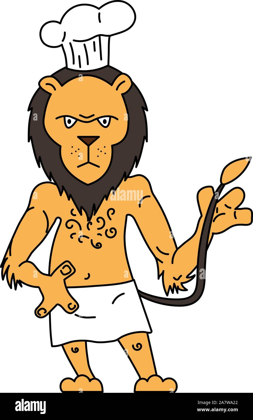 Cute vector illustration of a chef cook lion in cartoon style Stock Vector