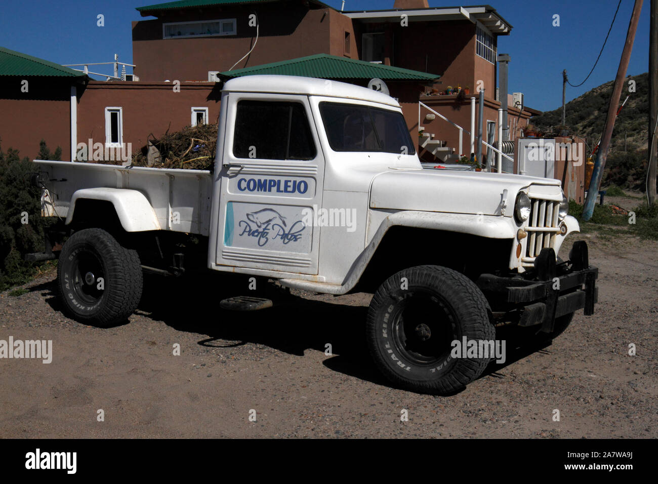 Off-road vehicle at Punta piramides, Patagonia, Jeep. Stock Photo