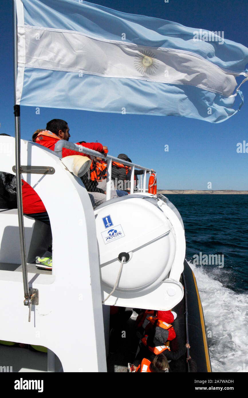 Whale watching boat owned by Southern Spirit, Peninsula Valdes, Chubut province, Argentina, Patagonia. Stock Photo