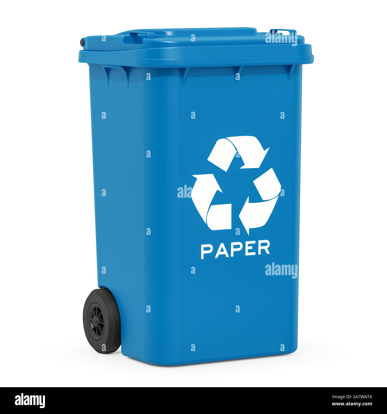 Blue recycling trash can for paper waste, 3D rendering isolated on white background Stock Photo