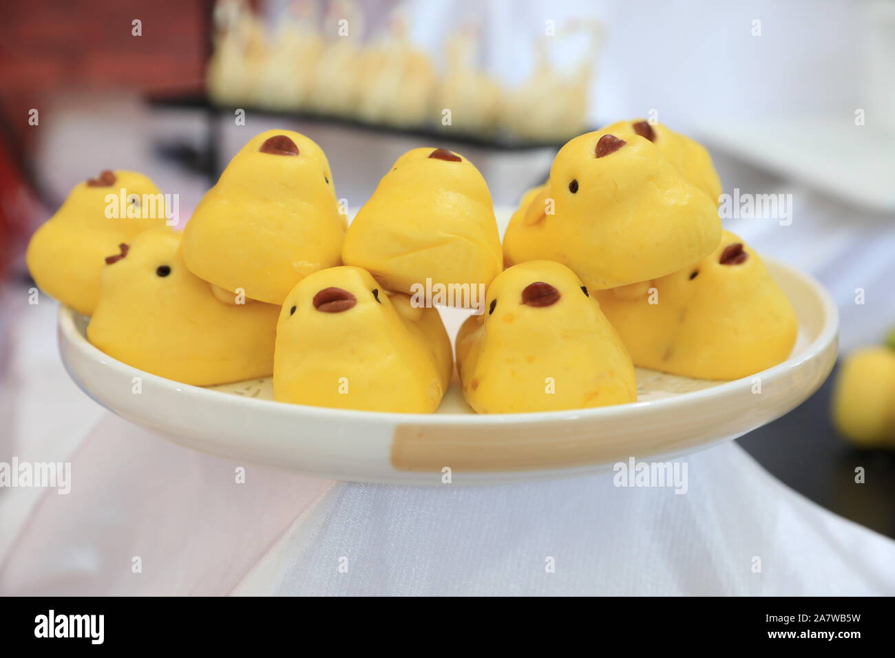 The desserts featuring the shape of ducklings are displayed during the