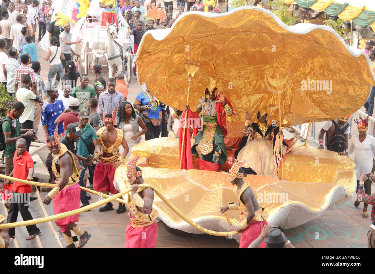 King and Queen of the carnival arriving at the festival. Stock Photo