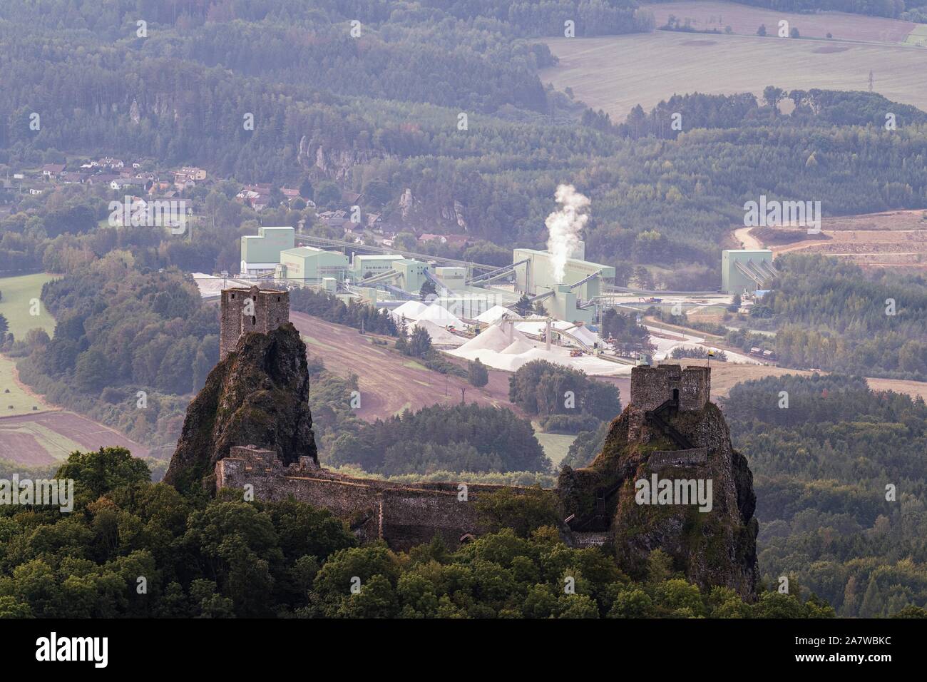 Trosky castle ruin in Bohemian Paradise area in Czech Republic on aerial photo Stock Photo