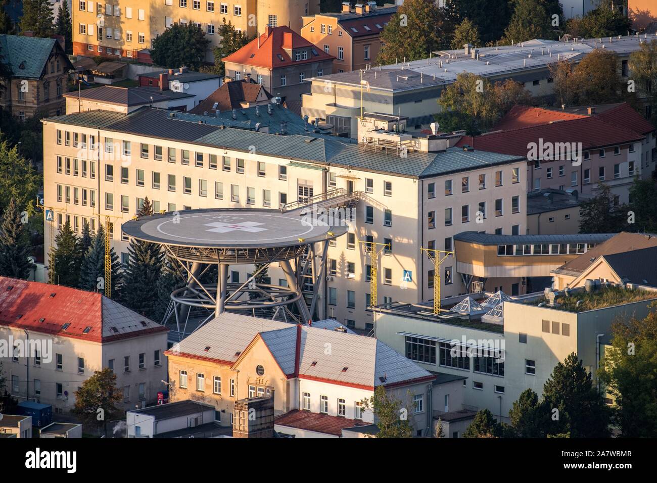 Regional Hospital in Liberec with heliport on aerial photo Stock Photo