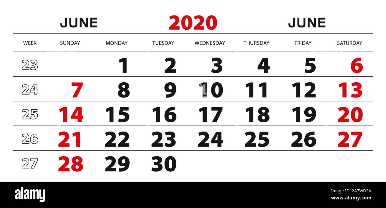 Wall Calendar For June Week Start From Sunday Block Size 297x140 Mm Stock Vector Image Art Alamy