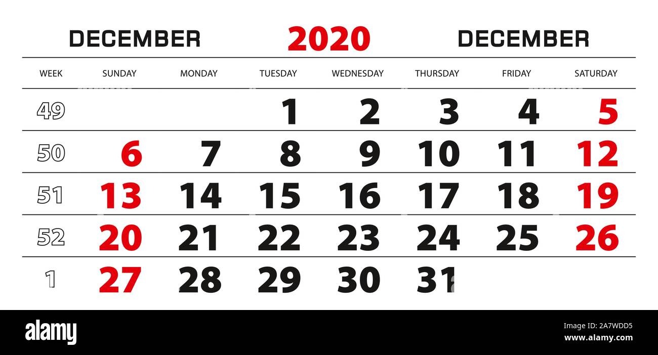Wall Calendar 2020 For December Week Start From Sunday Block Size 297x140 Mm Stock Vector Image Art Alamy