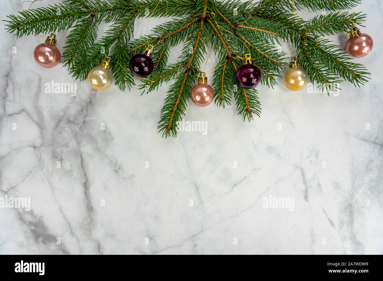 Christmas frame background flat lay on marbel with decoration ornament on pine tree Stock Photo