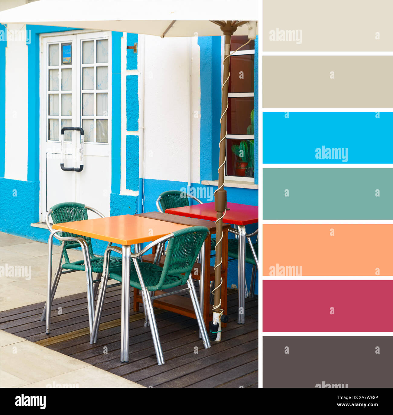 Color matching palette from travel background image of summer tables and  chairs outdoors in a local restaurant in Albufeira, South Portugal, typical  M Stock Photo - Alamy