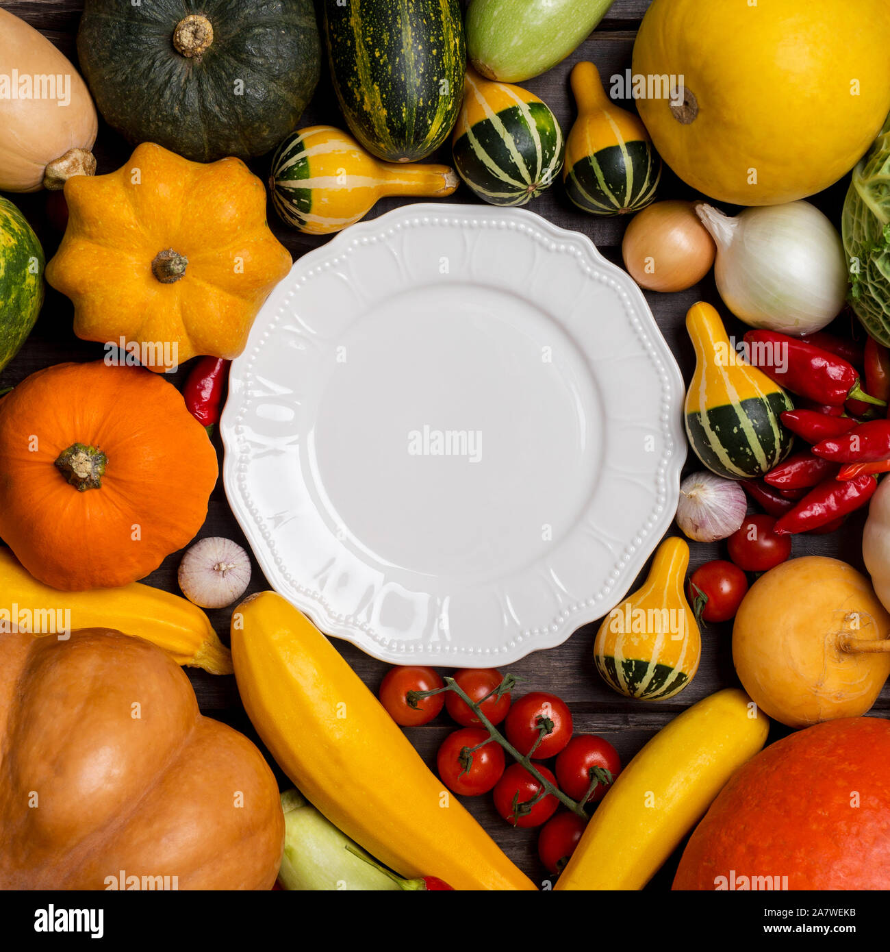 Empty white plate with harvest vegetables as pumpkin, tomatoes, pepper and onion. Concept of variety of crop vegetables Stock Photo