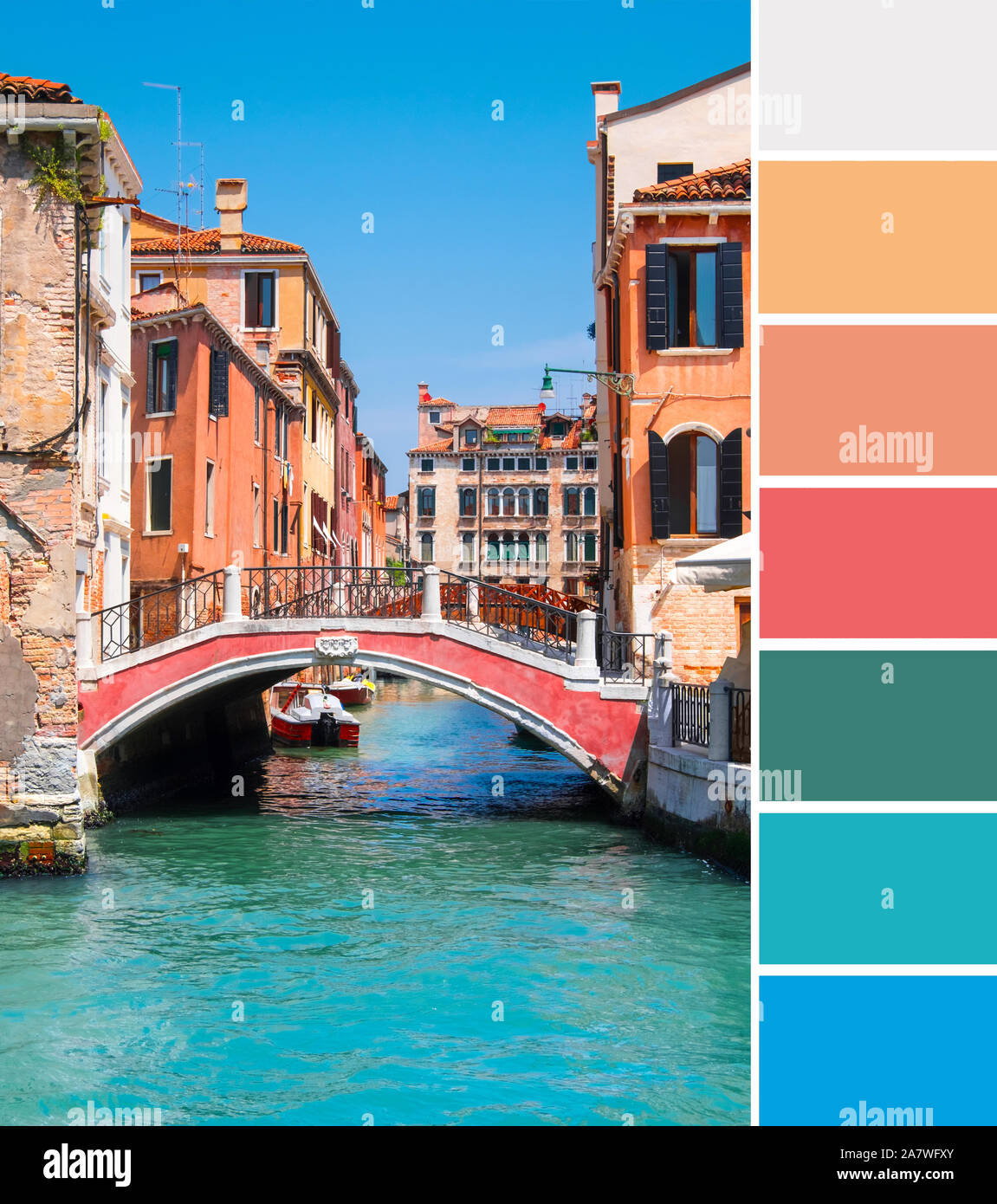 Color matching palette from travel background with old aged orange houses, pink bridge and turquoise water in canals in central Venice in Italy under Stock Photo