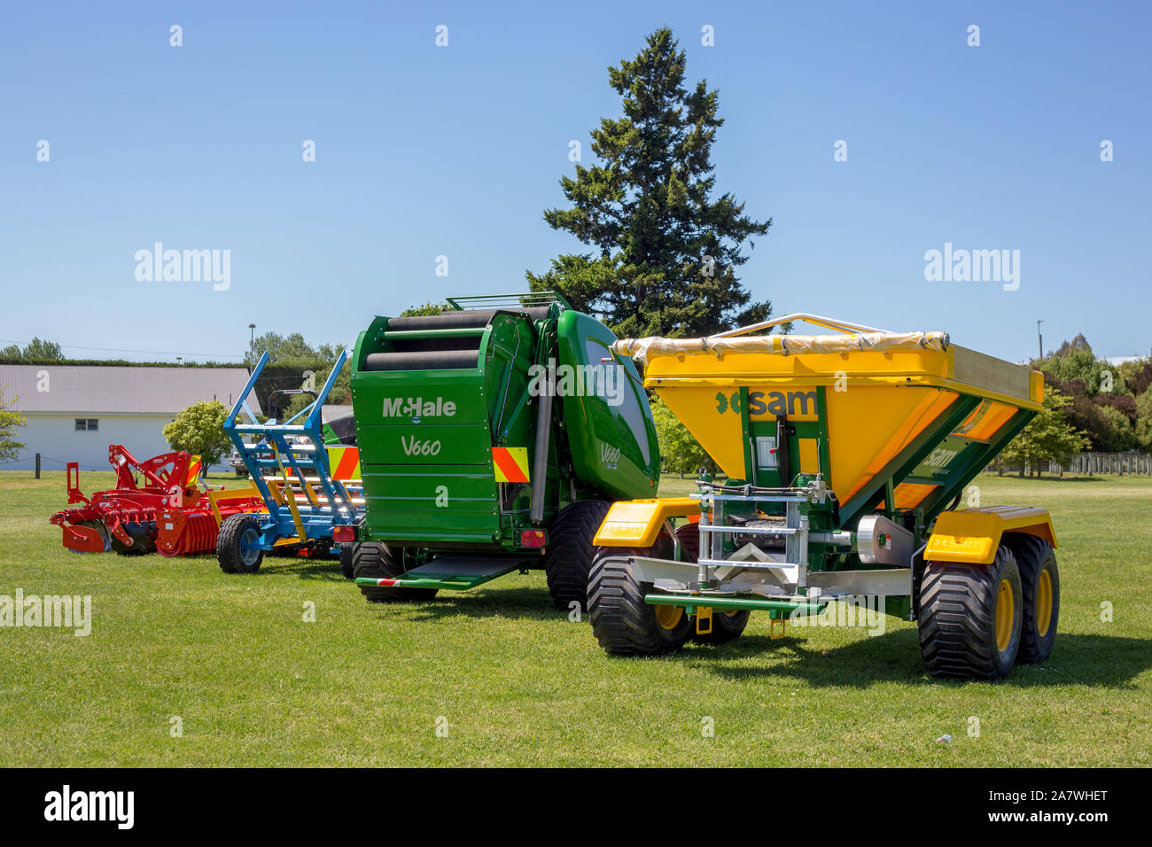Canterbury, New Zealand, November 2 2019: a display of new farm machinery at a Canterbury A&P Show Stock Photo