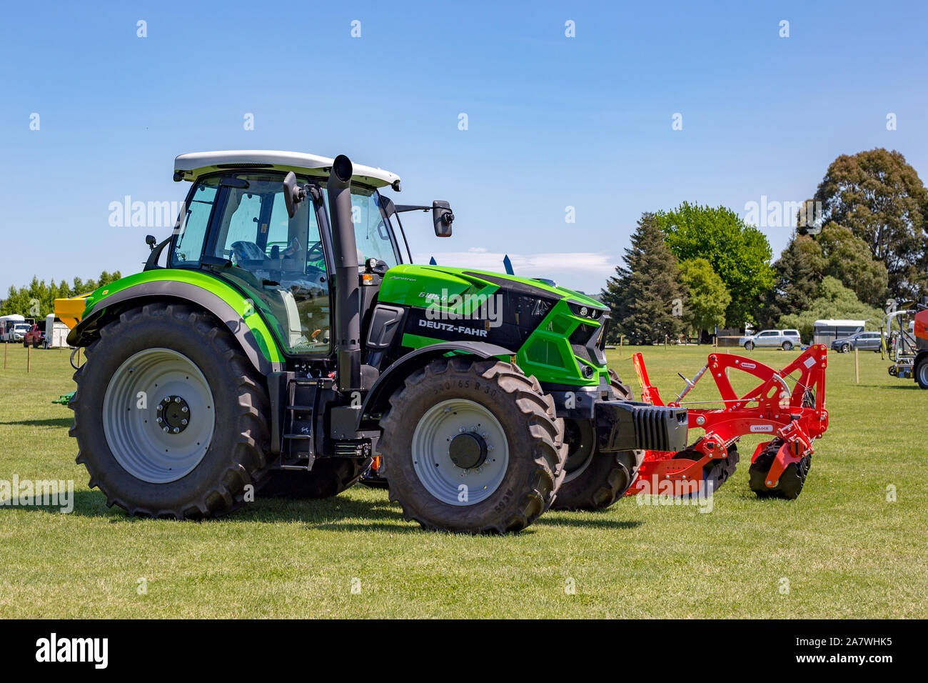 Amberley, Canterbury, New Zealand, November 2 2019: Brand new green Deutz-Fahr tractor on display at the A&P Showgrounds Stock Photo