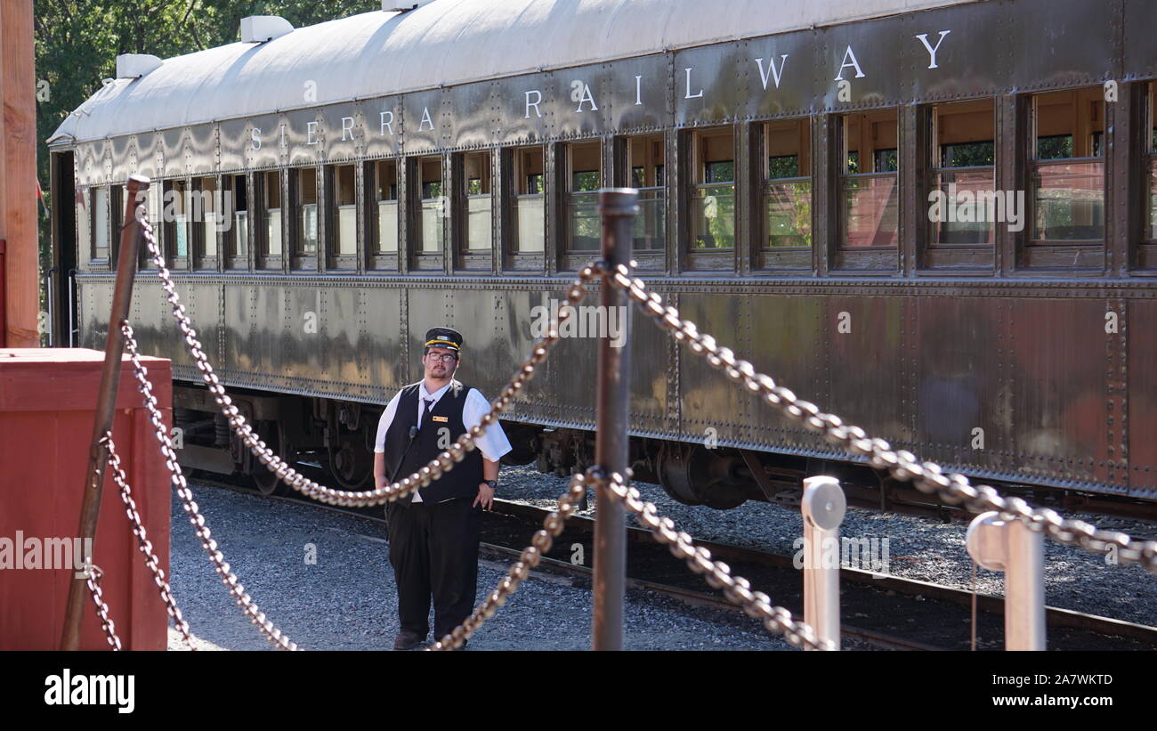 Empty vintage steam engine train car of the historic Sierra Railway