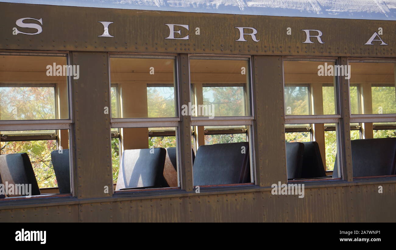 Empty vintage steam engine train car of the historic Sierra Railway. Railtown 1897 State Historic Park and California Historic Railroad Museum. Stock Photo