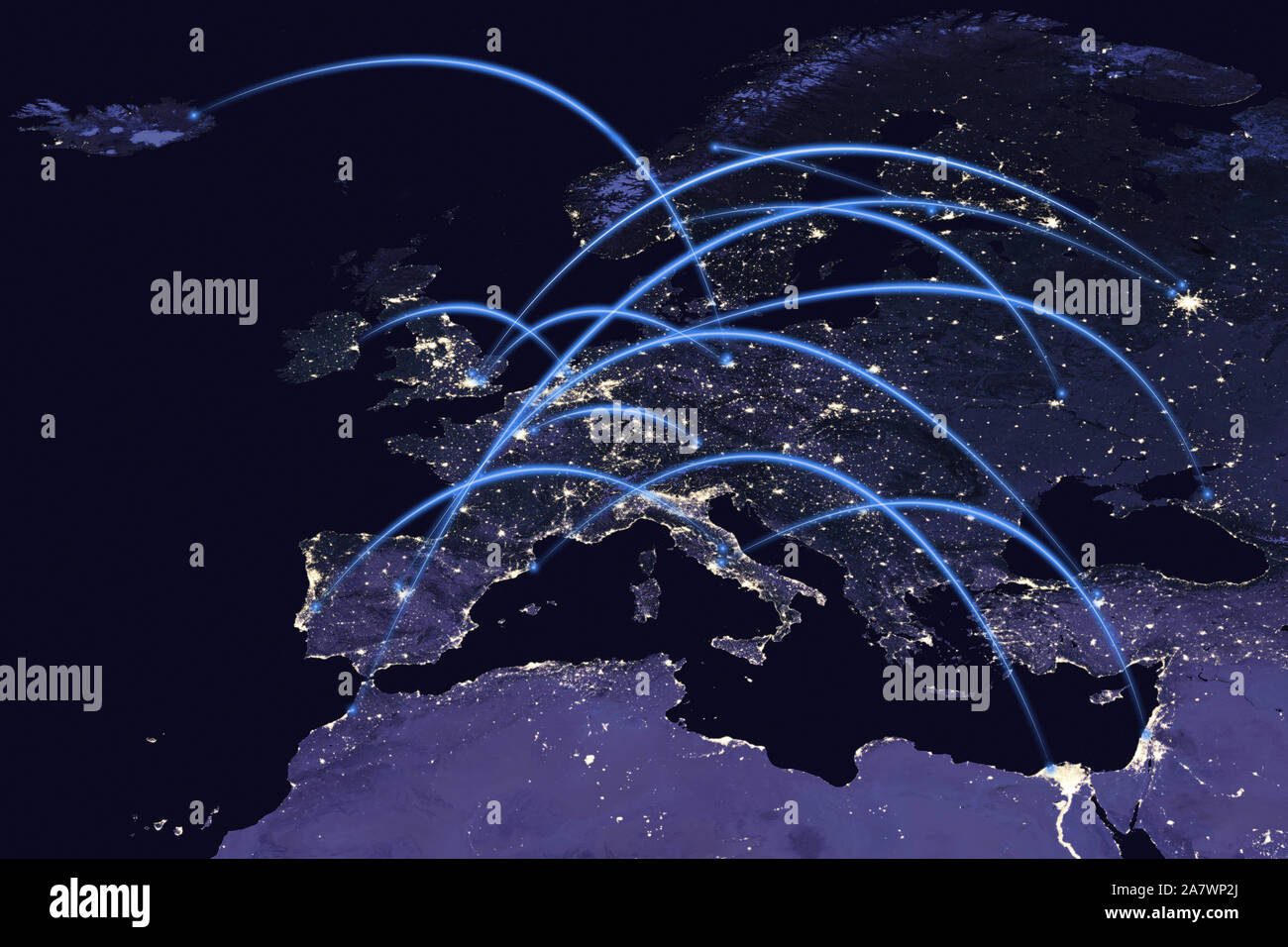 Connectivity concept with communication around the European Continent seen from space - contains elements furnished by NASA Stock Photo
