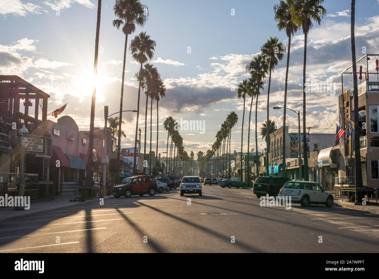 View of Newport Avenue in Ocean Beach in the morning. San Diego, California, USA. Stock Photo