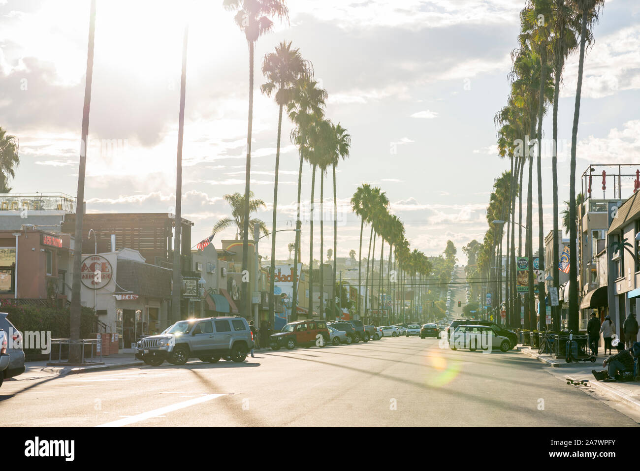 View of Newport Avenue in Ocean Beach in the morning. San Diego, California, USA. Stock Photo