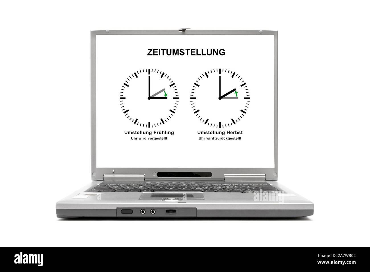 Laptop zeigt Zeitumstellung, zwei Uhren, Sommerzeit, Winterzeit, Uhrzeit, vorstellen, zürückstellen, Stock Photo
