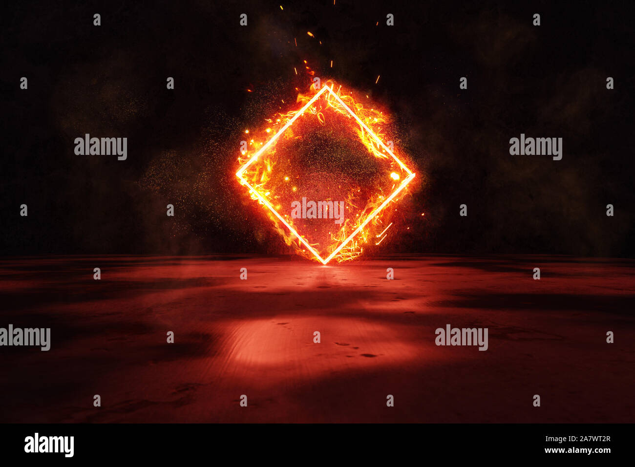 3d rendering of red lighten rotated square shape in fire against grunge wall background Stock Photo