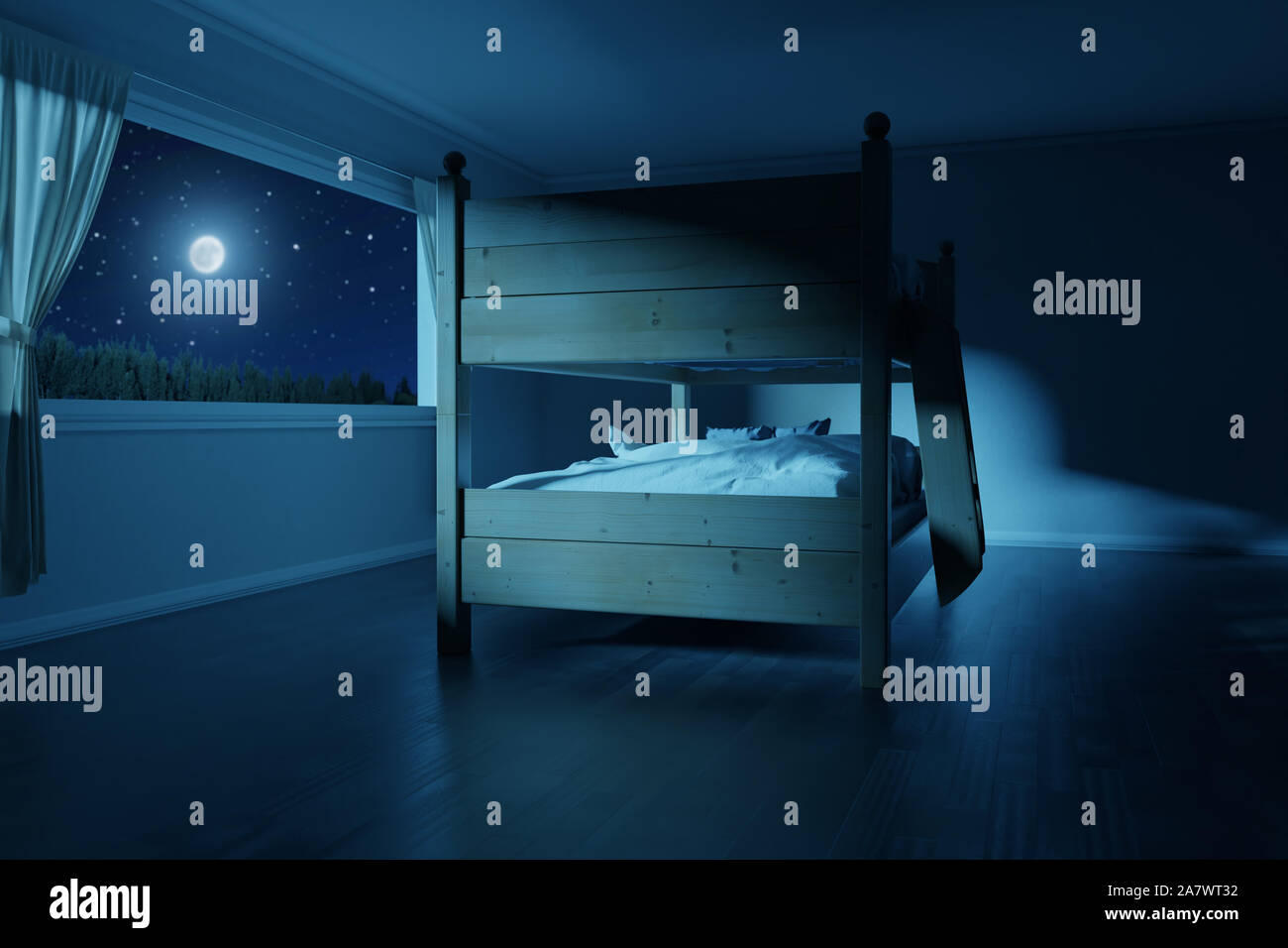 3d rendering of spacious bedroom with wooden bunk bed in the full moon light Stock Photo