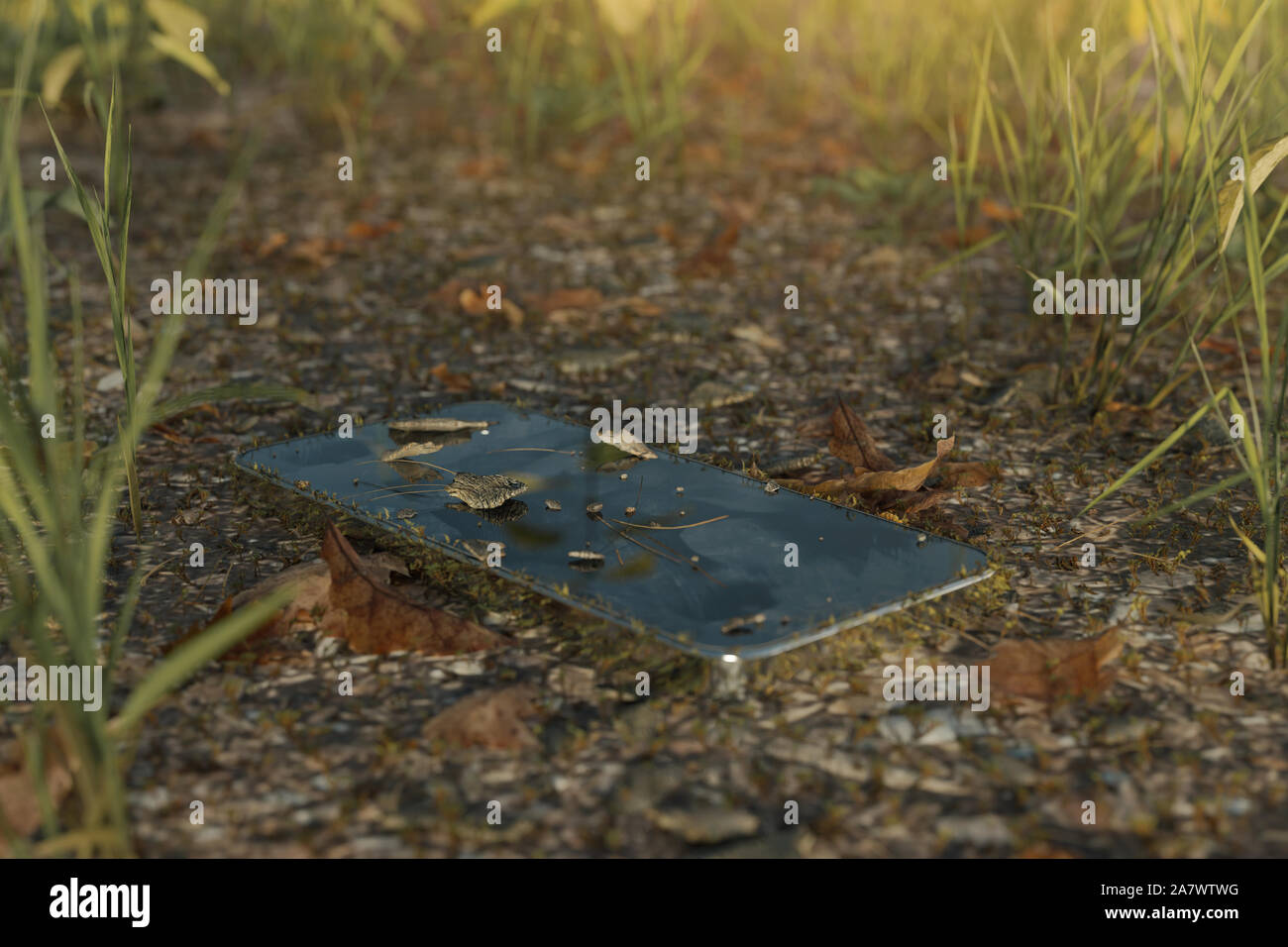 3d rendering of discarded moss-covered smartphone laying at meadow field Stock Photo