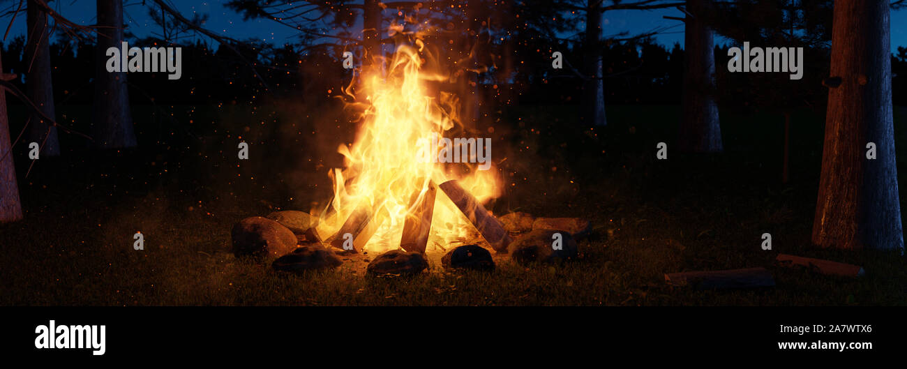 3d rendering of big bonfire with sparks in the forest at the night ...