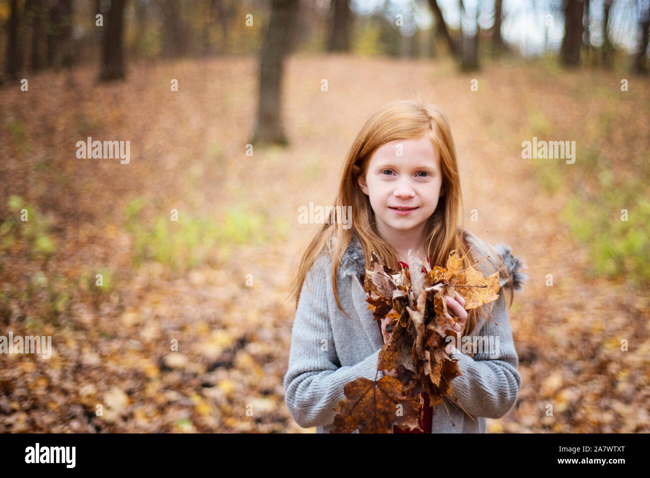 Young Red Hair Girl Playing Outside in Fall Leaves Stock Photo