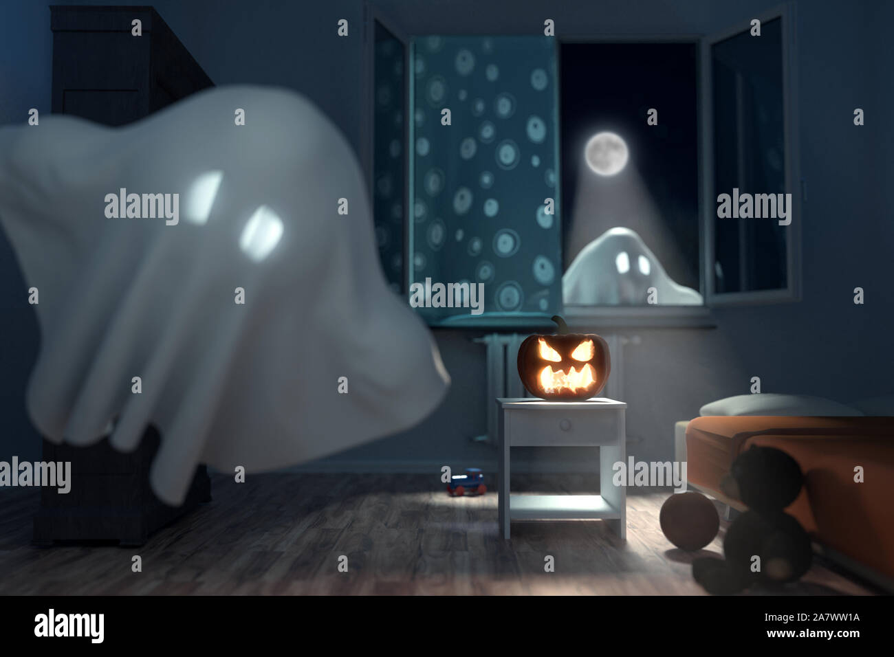 3d rendering of children's room at night with flying ghosts and lighten jack o' lantern. Concept Halloween Stock Photo